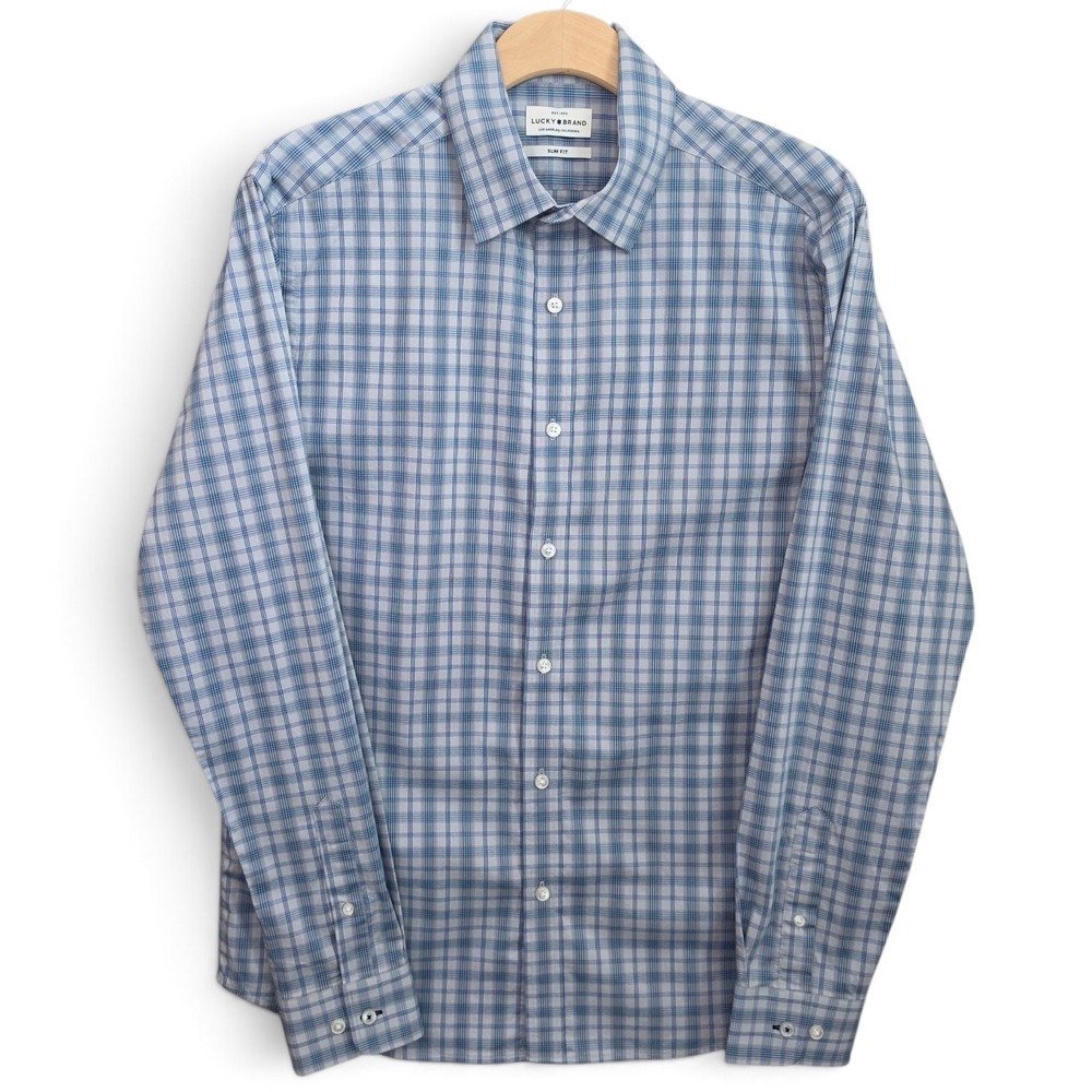 Lucky Brand Mens Medium Slim Fit Button Down Shirt Blue Plaid Check Long Sleeve